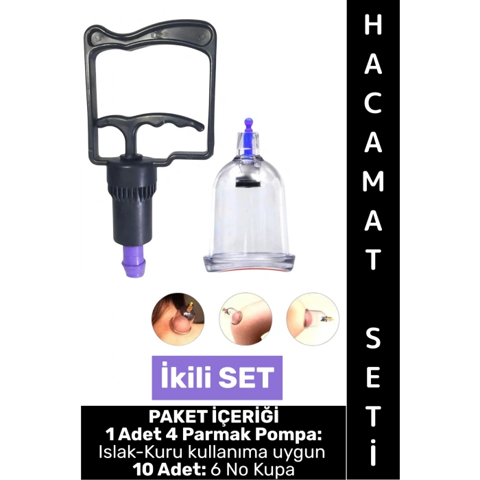 #HacamatSeti Islak Kuru Kullanıma Uygun 4 Parmak Pompa 10 Adet 6 No Kupa Çekme İkili Hacamat Seti