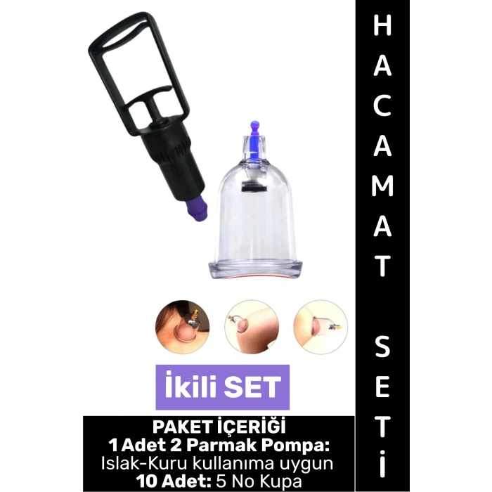 #HacamatSeti Islak Kuru Kullanıma Uygun 2 Parmak Pompa 10 Adet 5 No Kupa Çekme İkili Hacamat Seti