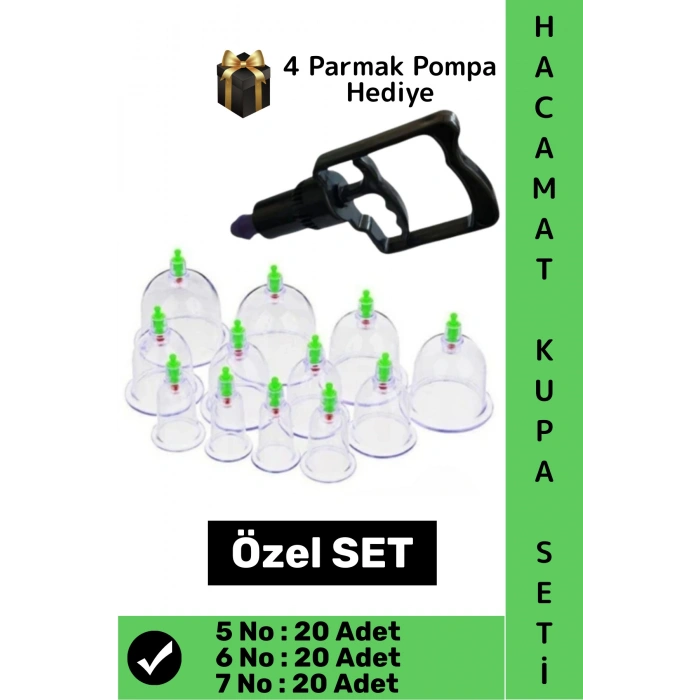#HacamatSeti 20 Adet 5-6-7 No Kupa Islak Kuru Kullanıma Uygun 4 Parmak Pompa Hediyeli Hacamat Seti