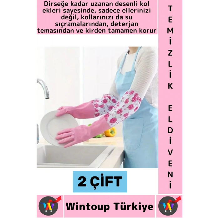 #TemizlikEldiveni Kaymaz Su Geçirmez Dirsek Desteği Bahçe Bakım Bulaşık Temizlik Uzun Eldiven 2 Çift