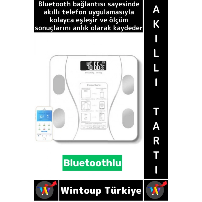 #AkıllıTartı Yağ Kas Su Kemik Ölçümü Bluetooth Kontrollü Dijital LCD Ekran Akıllı Tartı Max 180 Kg