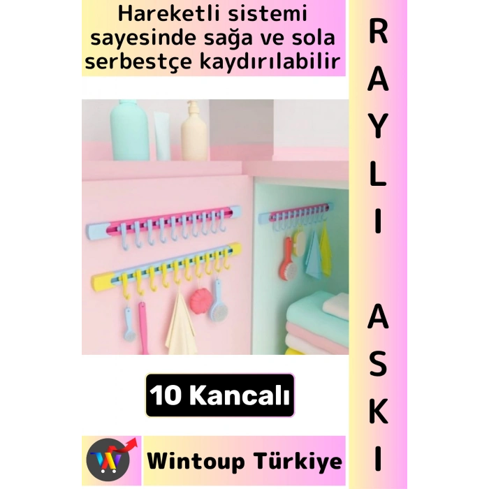 #Askı Kolay Montaj Küçük Eşya Havlu Eşarp Mutfak Banyo Dolap İçi Düzenleyici 10 Kancalı Raylı Askı