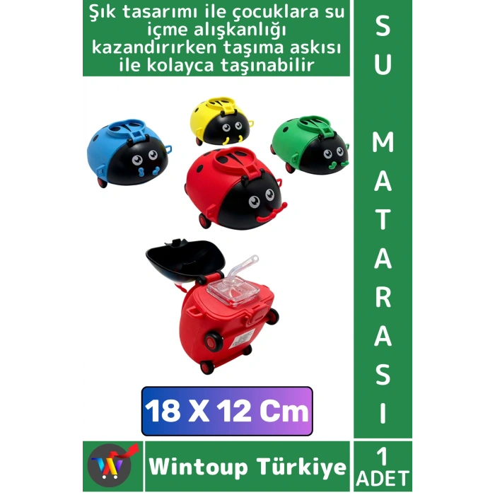 #SuMatarası Ofis Okul Çocuk Su İçme Alışkanlığı Şık Uğur Böceği Tasarımlı Pipetli Askılı Su Matarası