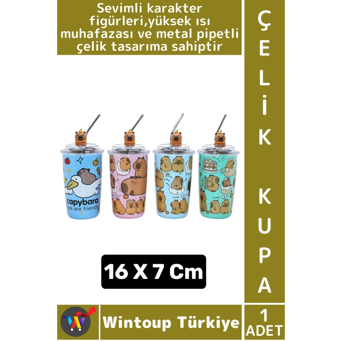 #ÇelikKupa Hediye Ev Ofis Isı Muhafazalı Çok Şık Sevimli Karakter Figürlü Metal Pipetli Çelik Kupa