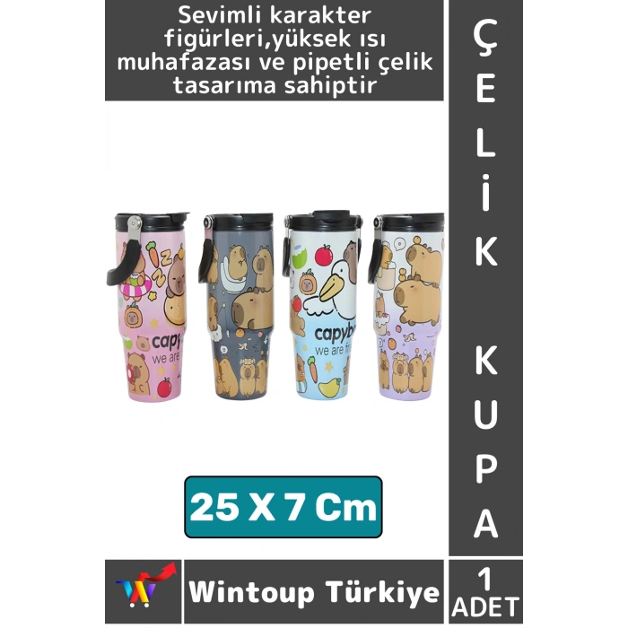 #ÇelikKupa Hediyelik Ev Ofis Isı Muhafazalı Şık Sevimli Karakter Figürü Pipetli Büyük Boy Çelik Kupa