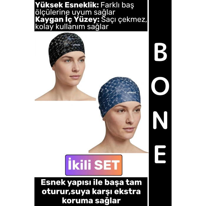 #Bone Konforlu Esnek Yumuşak Havuz Deniz Yüzme Kaygan İç Yüzey Şık Su Geçirmez Saç Bonesi İkili SET