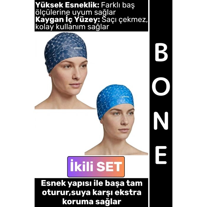 #Bone Konforlu Esnek Yumuşak Havuz Deniz Yüzme Kaygan İç Yüzey Şık Su Geçirmez Saç Bonesi İkili SET