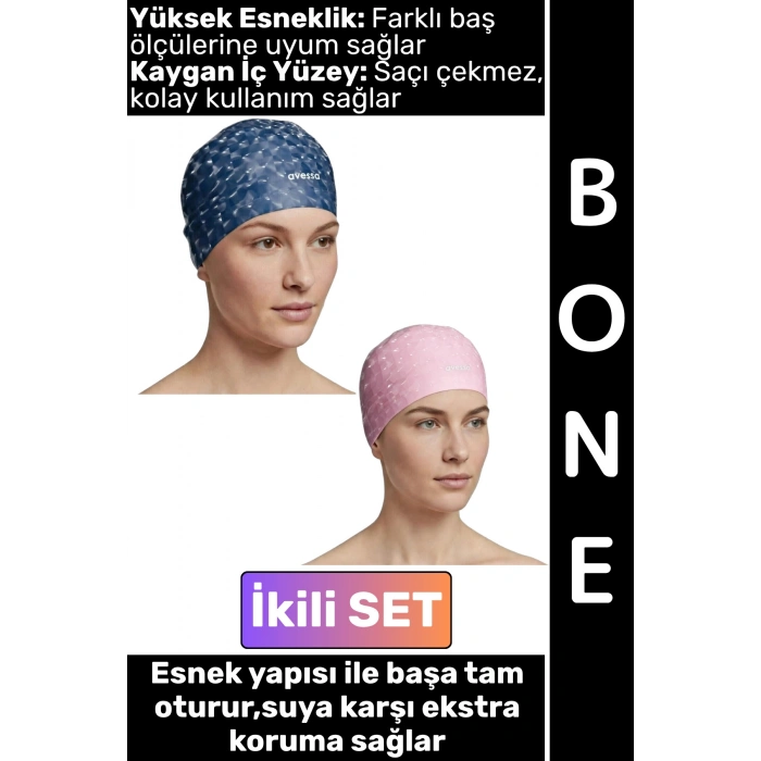 #Bone Konforlu Esnek Yumuşak Havuz Deniz Yüzme Kaygan İç Yüzey Şık Su Geçirmez Saç Bonesi İkili SET