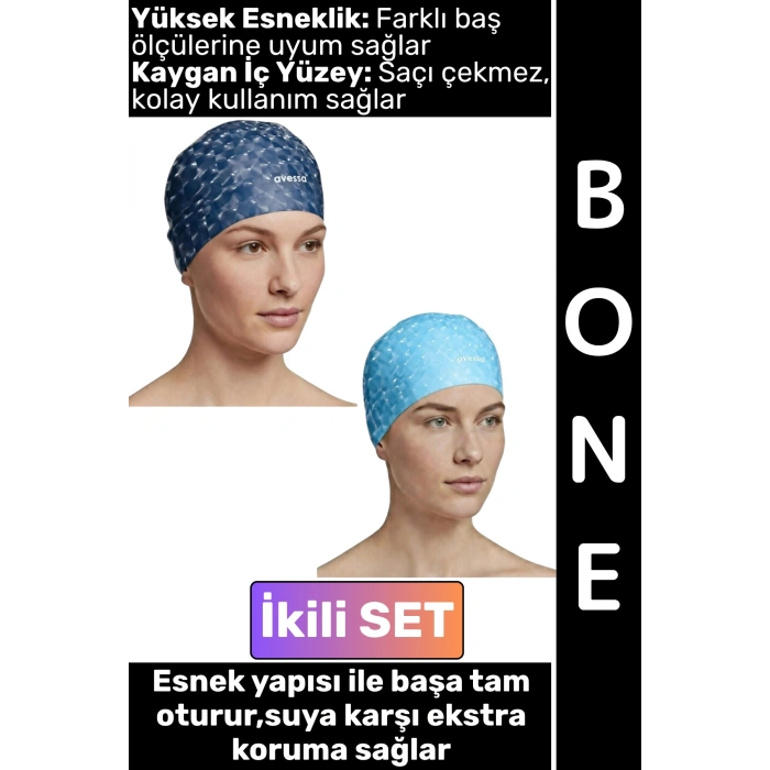 #Bone Konforlu Esnek Yumuşak Havuz Deniz Yüzme Kaygan İç Yüzey Şık Su Geçirmez Saç Bonesi İkili SET