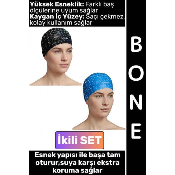 #Bone Konforlu Esnek Yumuşak Havuz Deniz Yüzme Kaygan İç Yüzey Şık Su Geçirmez Saç Bonesi İkili SET