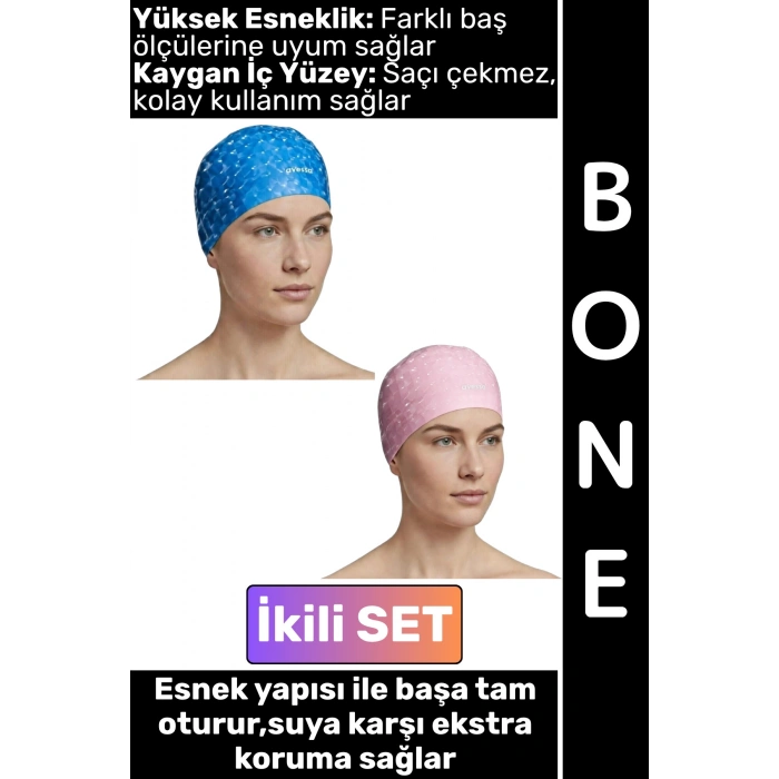 #Bone Konforlu Esnek Yumuşak Havuz Deniz Yüzme Kaygan İç Yüzey Şık Su Geçirmez Saç Bonesi İkili SET