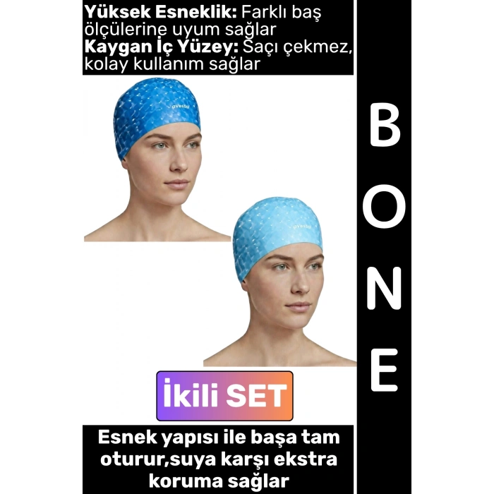 #Bone Konforlu Esnek Yumuşak Havuz Deniz Yüzme Kaygan İç Yüzey Şık Su Geçirmez Saç Bonesi İkili SET