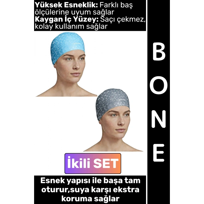 #Bone Konforlu Esnek Yumuşak Havuz Deniz Yüzme Kaygan İç Yüzey Şık Su Geçirmez Saç Bonesi İkili SET