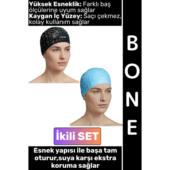 #Bone Konforlu Esnek Yumuşak Havuz Deniz Yüzme Kaygan İç Yüzey Şık Su Geçirmez Saç Bonesi İkili SET