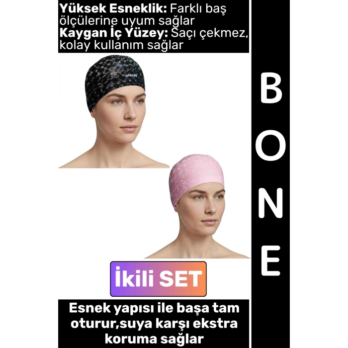#Bone Konforlu Esnek Yumuşak Havuz Deniz Yüzme Kaygan İç Yüzey Şık Su Geçirmez Saç Bonesi İkili SET