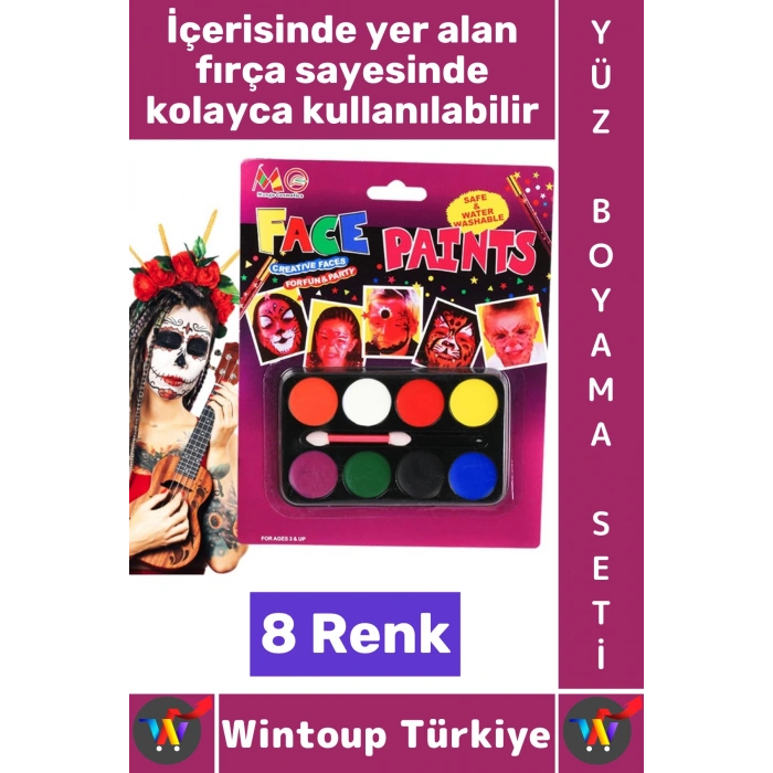 #BoyamaSeti Eğlence Doğum Günü Parti Kostüm Fırçalı Maç Çocuk Palyaço Makyaj Yüz Boyama Seti 8 Renk