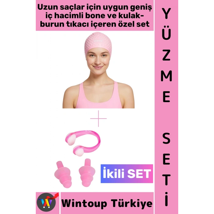 #Bone Esnek Silikon Havuz Deniz Su Geçirmez Büyük Beden Saç Bonesi Kulak Burun Tıkacı Şık Özel Set