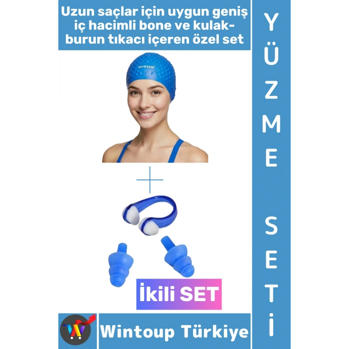 #Bone Esnek Silikon Havuz Deniz Su Geçirmez Büyük Beden Saç Bonesi Kulak Burun Tıkacı Şık Özel Set