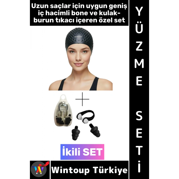#Bone Esnek Silikon Havuz Deniz Su Geçirmez Büyük Beden Saç Bonesi Kulak Burun Tıkacı Şık Özel Set