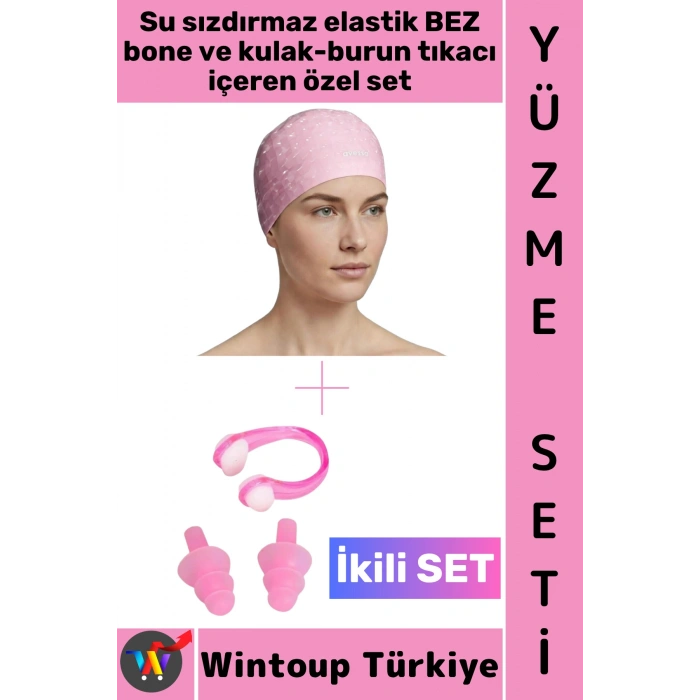 #Bone Esnek Yumuşak Havuz Deniz Su Geçirmez Elastik Bez Saç Bonesi Kulak Burun Tıkacı Şık Özel Set