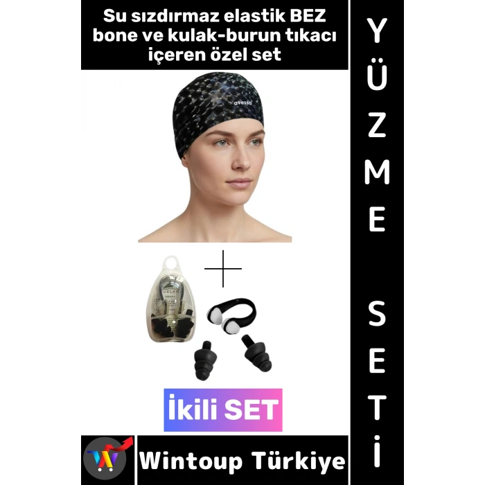 #Bone Esnek Yumuşak Havuz Deniz Su Geçirmez Elastik Bez Saç Bonesi Kulak Burun Tıkacı Şık Özel Set