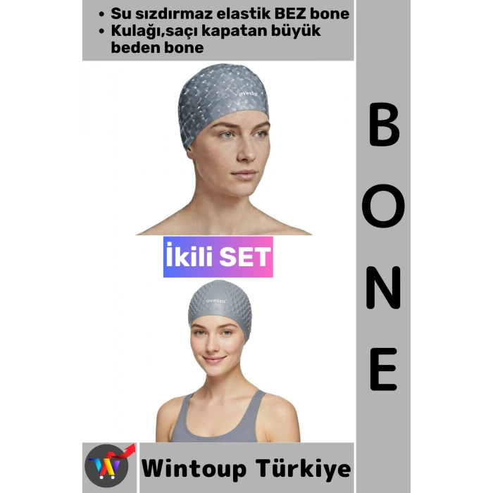 #Bone Esnek Havuz Deniz Su Geçirmez Elastik Bez Kulağa Su Geçirmez Büyük Beden Saç Bonesi İkili Set