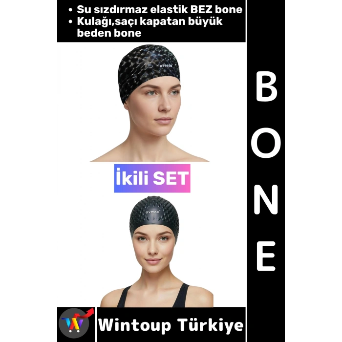 #Bone Esnek Havuz Deniz Su Geçirmez Elastik Bez Kulağa Su Geçirmez Büyük Beden Saç Bonesi İkili Set