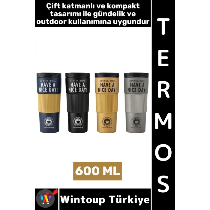 #Termos Kamp Outdoor Piknik Ev Ofis Gündelik Hediyelik Şık Detaylı Çift Katmanlı Mug Termos 600 ML