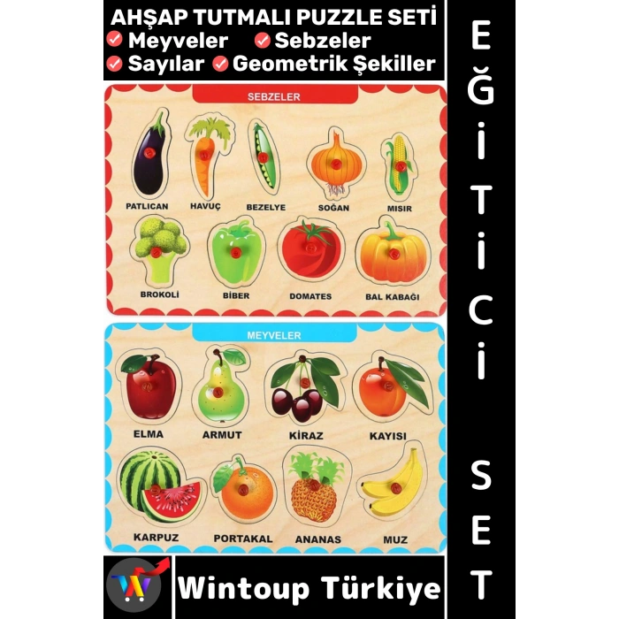 #Puzzle Eğitici Görsel Algı Meyve Sebze Geometrik Şekiller Sayılar Tanıma Ahşap Tutmalı Puzzle Seti