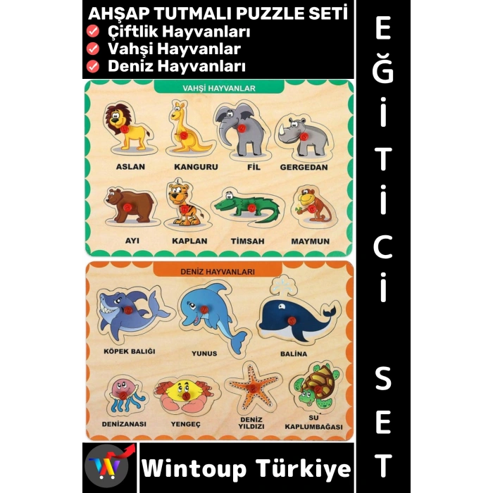 #Puzzle Eğitici Görsel Algı Deniz Çiftlik Vahşi Hayvanları Tanıma Ahşap Tutmalı Çocuk Puzzle Seti