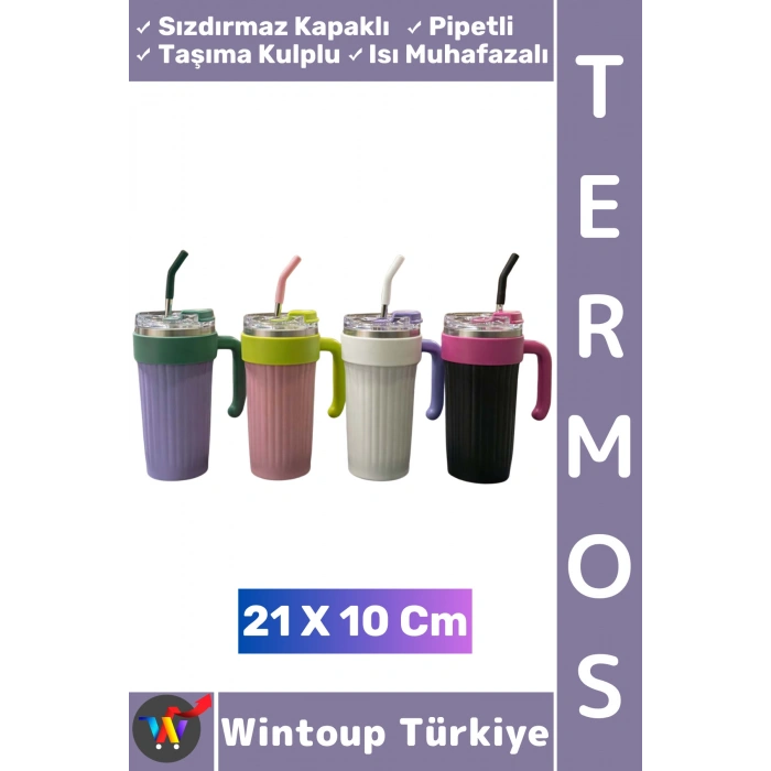 #Termos Kamp Outdoor Piknik Sızdırmaz Kapak Isı Muhafazalı Taşıma Kulp Pipetli Mug Termos 21 X 10 Cm