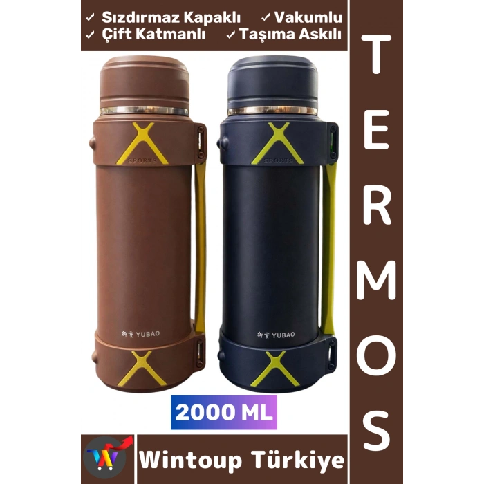 #Termos Kamp Outdoor Piknik Sızdırmaz Kapaklı Çift Katmanlı Vakumlu Taşıma Askılı Mug Termos 2000 ML