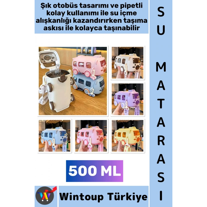 #SuMatarası Ofis Okul Çocuk Su İçme Alışkanlığı Otobüs Tasarımlı Pipetli Askılı Su Matarası 500 ML