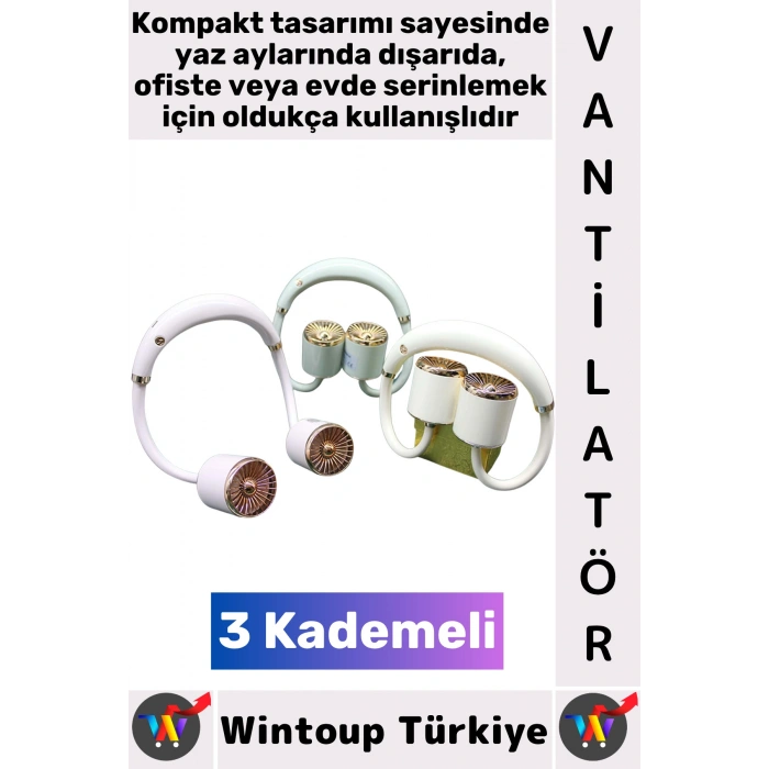 #Vantilatör Kompakt Sessiz Hafif Kablosuz Taşınabilir Usb Şarjlı 3 Kademeli El Boyun Fanı Vantilatör
