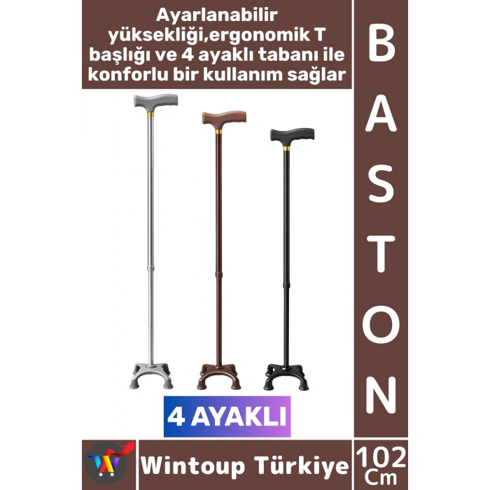 #Baston Ergonomik T Saplı Yaşlı Denge Yürüyüş Yürüme Desteği 4 Ayaklı Ayarlanabilir Destek Bastonu