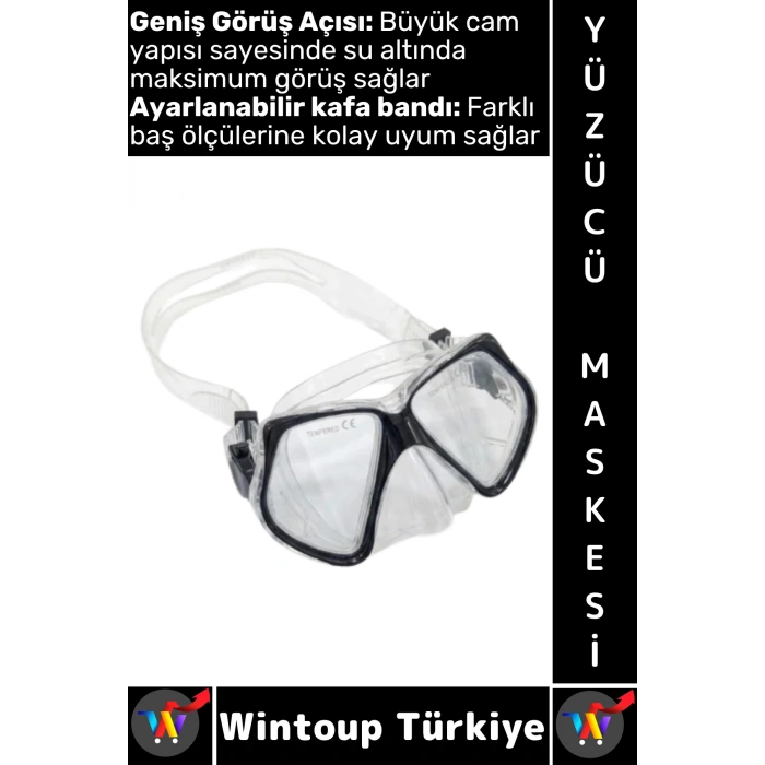 #Gözlük Konforlu Sızdırmaz Buğu Önleyici Temperli Cam Ayarlanabilir Deniz Dalış Yüzücü Maskesi Siyah