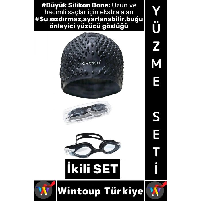 #YüzmeSeti Ayarlanabilir Su Geçirmez Buğu Önleyici Yüzücü Gözlüğü Büyük Beden Silikon Bone İkili Set