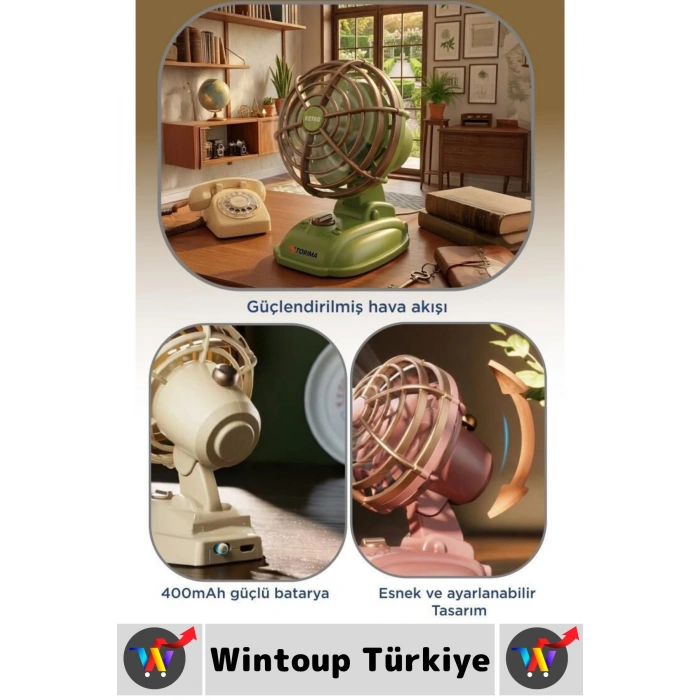 #Vantilatör Sessiz Çalışma Yoğun Üflemeli Retro Model 2 Kademeli Şarjlı Mini Masa Üstü Vantilatör