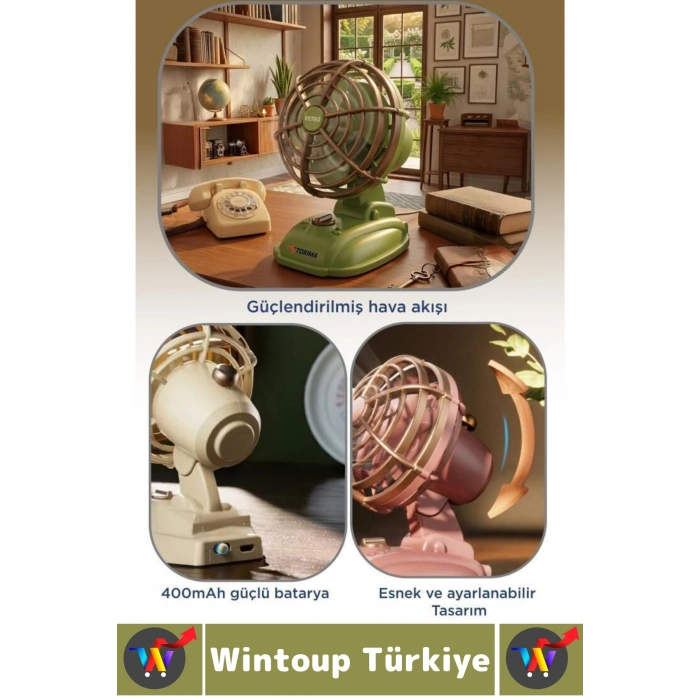 #Vantilatör Sessiz Çalışma Yoğun Üflemeli Retro Model 2 Kademeli Şarjlı Mini Masa Üstü Vantilatör