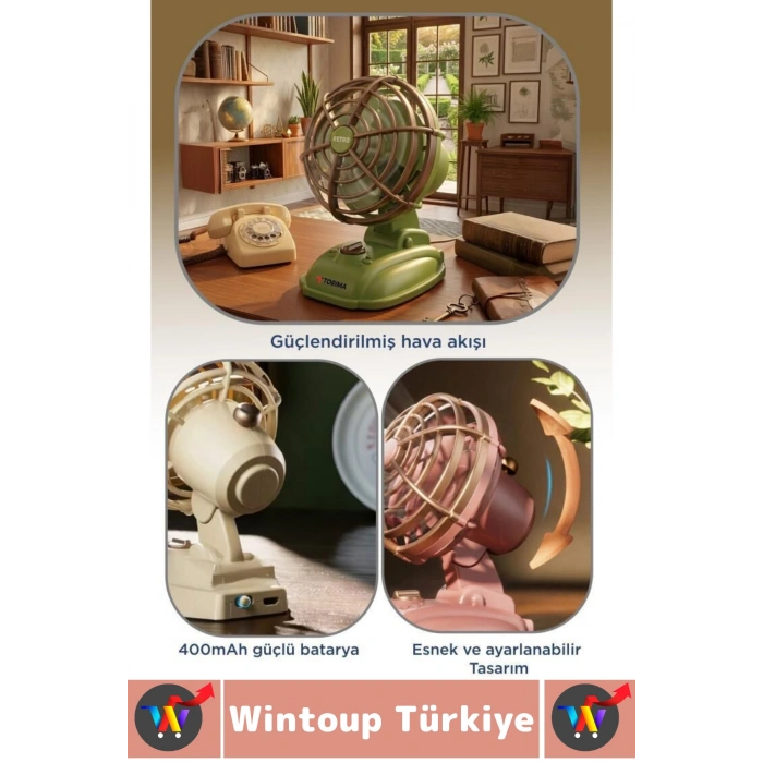 #Vantilatör Sessiz Çalışma Yoğun Üflemeli Retro Model 2 Kademeli Şarjlı Mini Masa Üstü Vantilatör