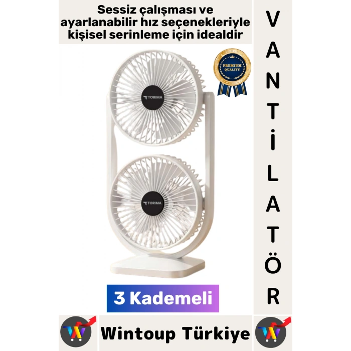 #Vantilatör Kompakt Sessiz Çalışma Yoğun Üflemeli 3 Kademeli Şarjlı Masa Üstü Çift Fanlı Vantilatör
