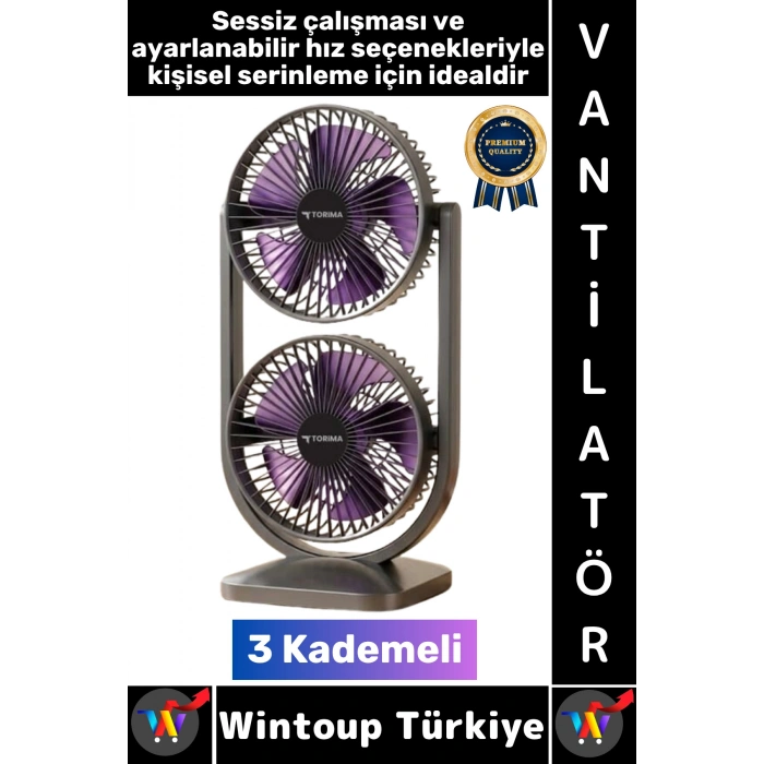 #Vantilatör Kompakt Sessiz Çalışma Yoğun Üflemeli 3 Kademeli Şarjlı Masa Üstü Çift Fanlı Vantilatör