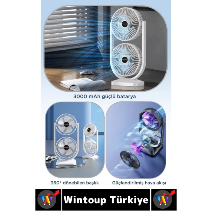 #Vantilatör Kompakt Sessiz Çalışma Yoğun Üflemeli 3 Kademeli Şarjlı Masa Üstü Çift Fanlı Vantilatör