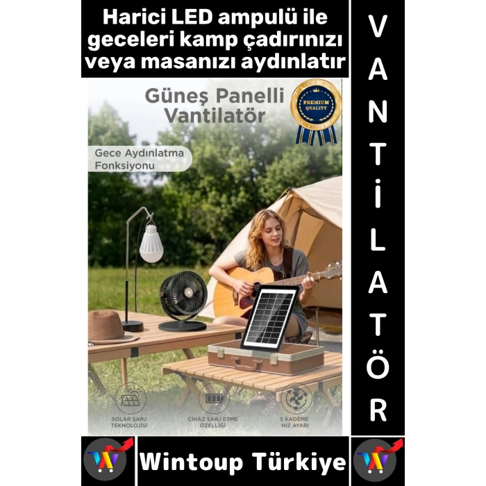 #Vantilatör Kamp Piknik Yoğun Üflemeli Güneş Panelli Şarjlı Ampullü 5 Kademeli Kablosuz Vantilatör