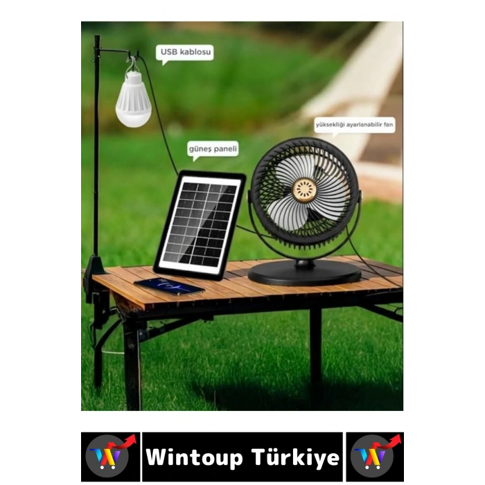 #Vantilatör Kamp Piknik Yoğun Üflemeli Güneş Panelli Şarjlı Ampullü 5 Kademeli Kablosuz Vantilatör