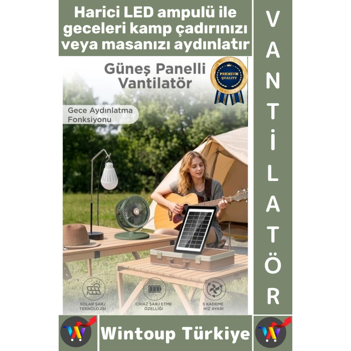 #Vantilatör Kamp Piknik Yoğun Üflemeli Güneş Panelli Şarjlı Ampullü 5 Kademeli Kablosuz Vantilatör