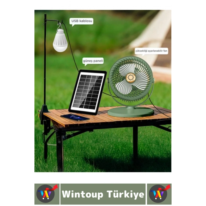 #Vantilatör Kamp Piknik Yoğun Üflemeli Güneş Panelli Şarjlı Ampullü 5 Kademeli Kablosuz Vantilatör