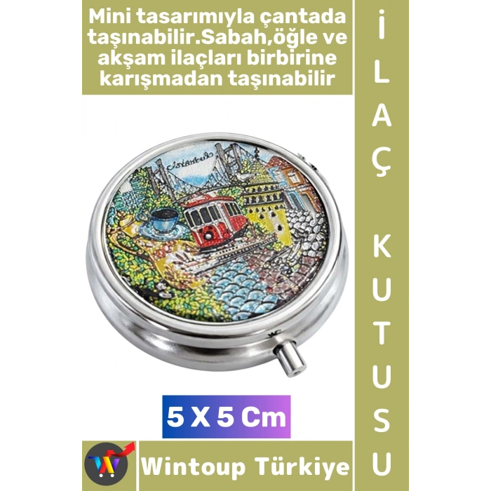 #Hediye Şık Dekoratif 3 Bölmeli Vitamin Hap Tablet İstanbul Temalı İlaç Saklama Kutusu 5 X 5 Cm