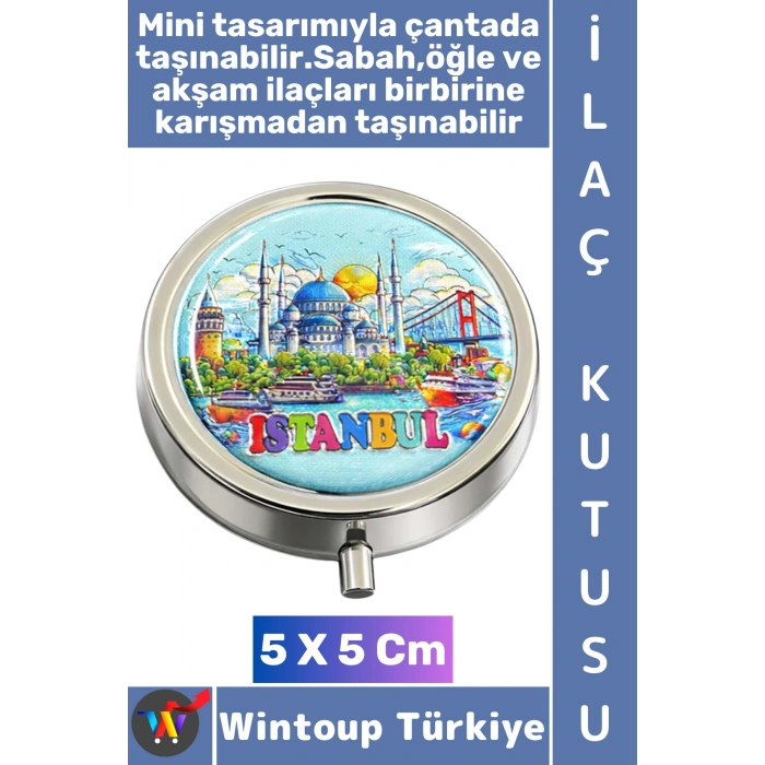 #Premium Hediye Dekoratif 3 Bölmeli Vitamin Hap Tablet İstanbul Temalı İlaç Saklama Kutusu 5 X 5 Cm