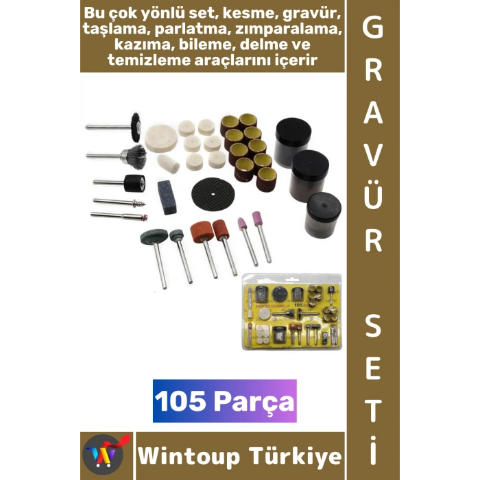 #TaşlamaSeti Matkap Dramel Makine Uyumlu Ahşap Metal Cam Kalıpçı Taşlama Zımparalama Polisaj Fırçalama 105 Parça Gravür Seti
